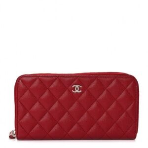 Chanel Red Caviar Quilted Leather Large Gusset Zip Around Wallet